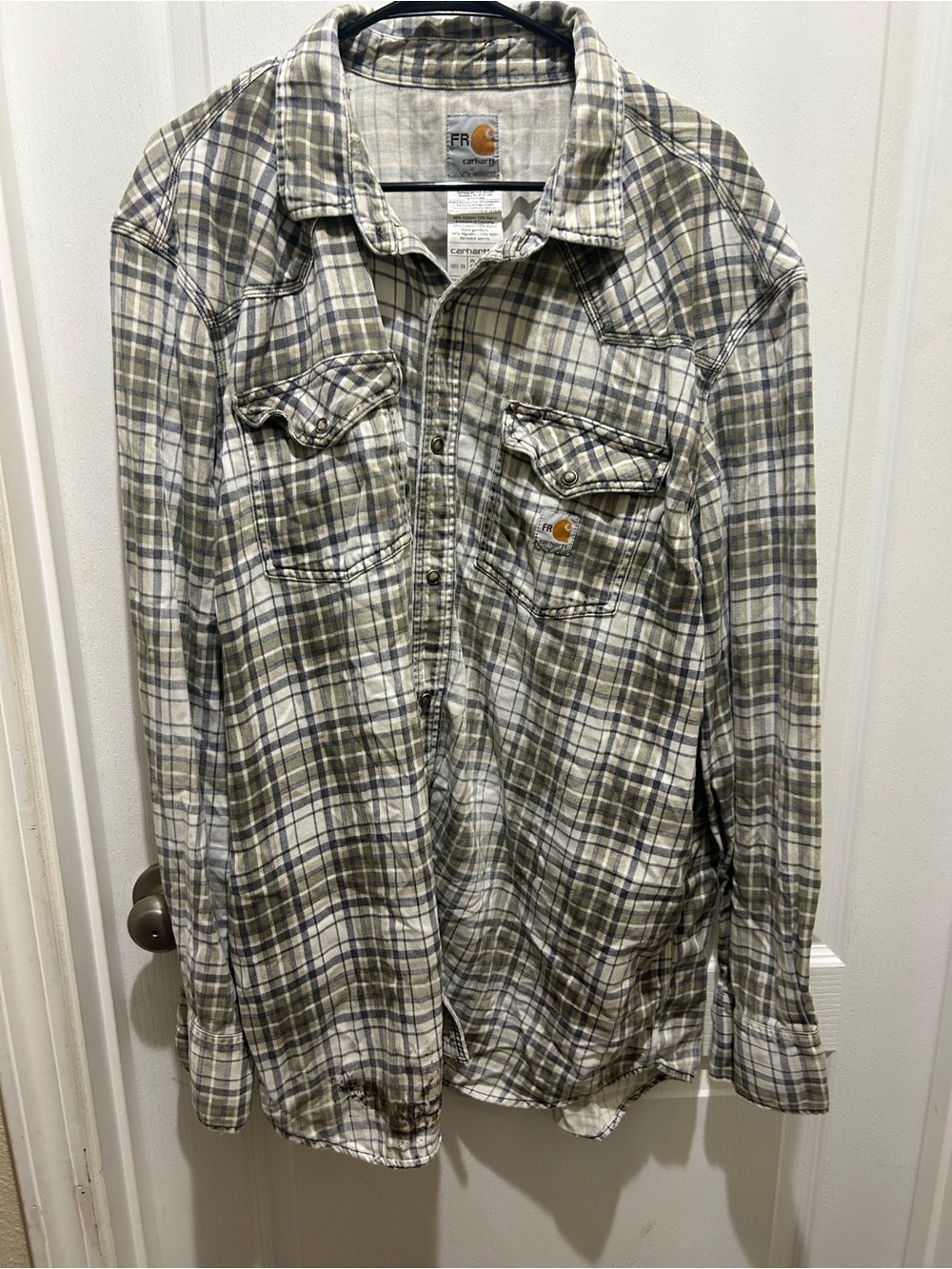 Carhartt Men's Olive and White Plaid Button-Down FR Work Shirt 2X